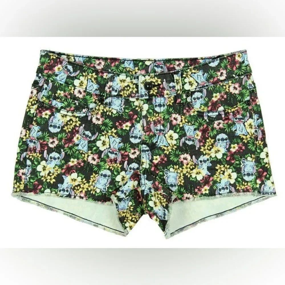Disney Lilo & Stitch Colorful Tropical Floral Cutoff Denim Shorts Size 7